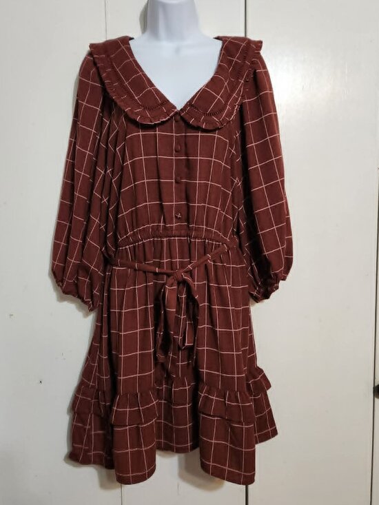 LC Lauren Conrad Dresses & Skirts - LC Lauren Conrad Dress XL NWT Brown Plaid Peter Pan Collar Cottagecore Ruffle